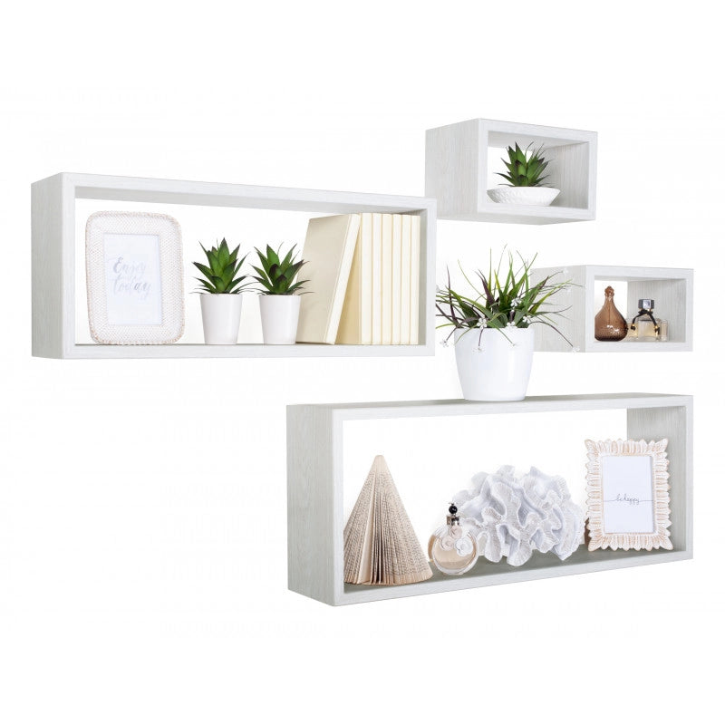 Set 4 Mensole da Muro, Pensile Bagno, Mensola Parete, Rovere Sbiancato, 75x30 p15,5 cm, 60x25 p15,5 cm e 2 da 25x15 p15,5 cm - Merlino