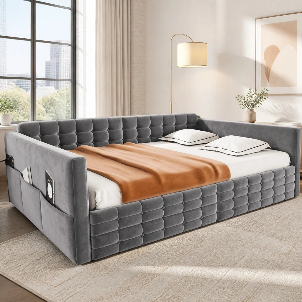 Letto imbottito contenitore 140x190, velluto grigio, testiera a quadri, 2 cassetti e tasche laterali