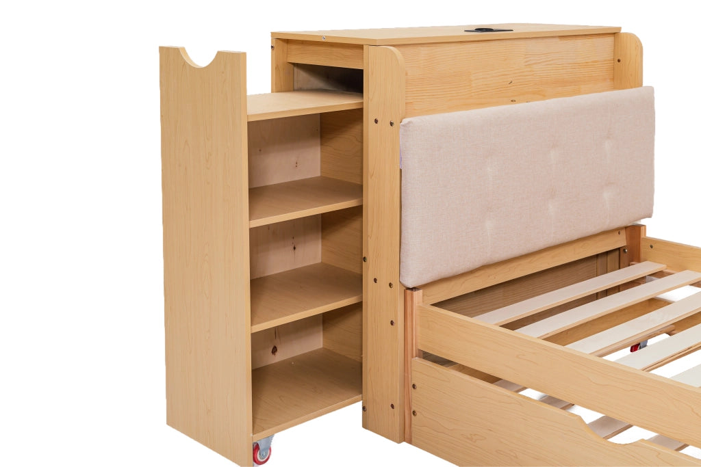 Letto estraibile 90 × 200 cm e 180 × 200 cm con ripiani laterali, presa USB et contenitore testiera, senza materasso, in legno ingegnerizzato, naturale