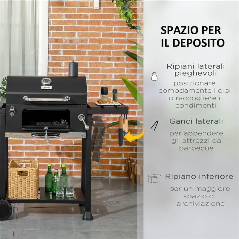 BARBECUE A CARBONE CON COPERCHIO CON TERMOMETRO, GRIGLIA REGOLABILE, RUOTE E TAVOLINI, NERO