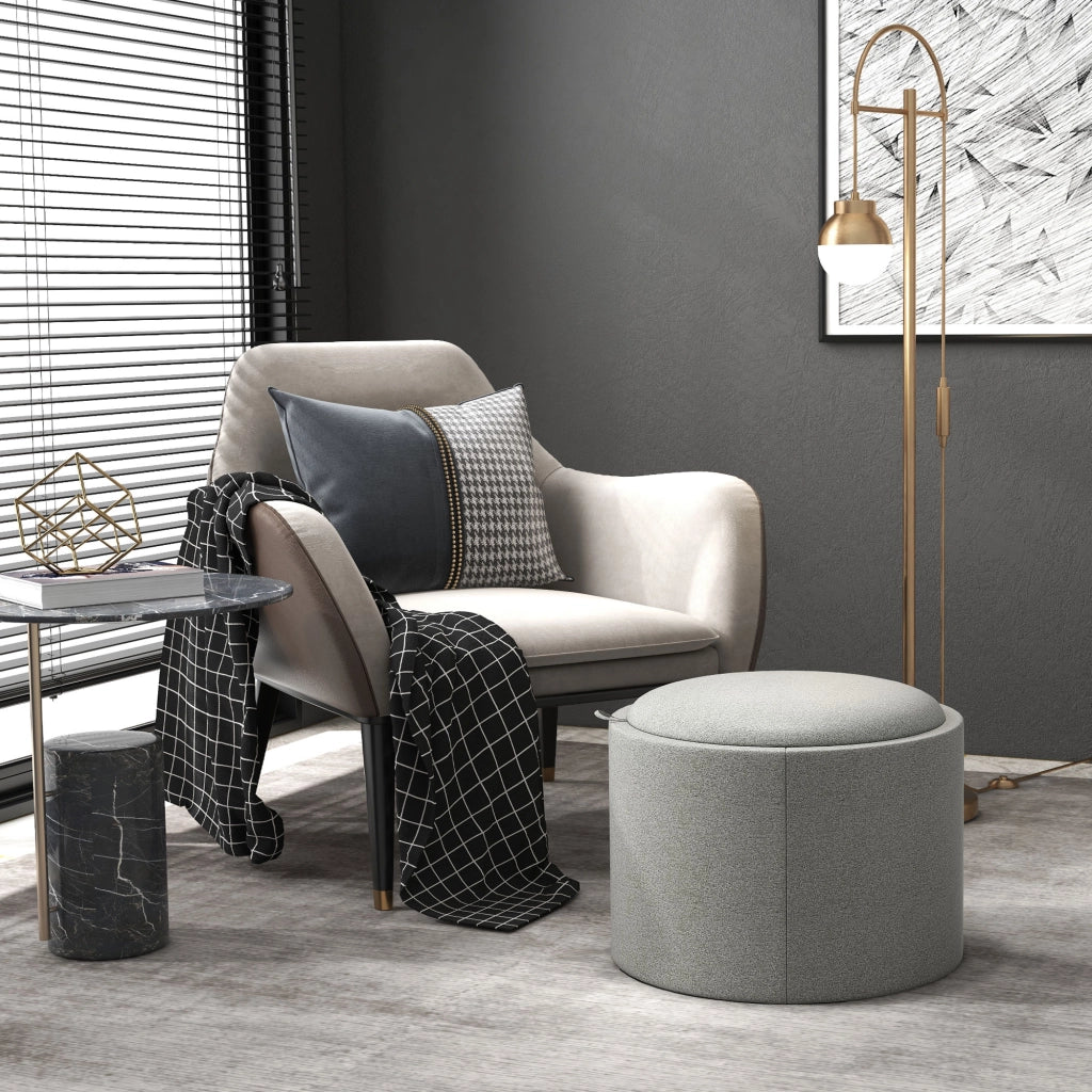 Pouf contenitore rotondo con coperchio ribaltabile in tessuto effetto lino grigio Ø56 x 42 cm