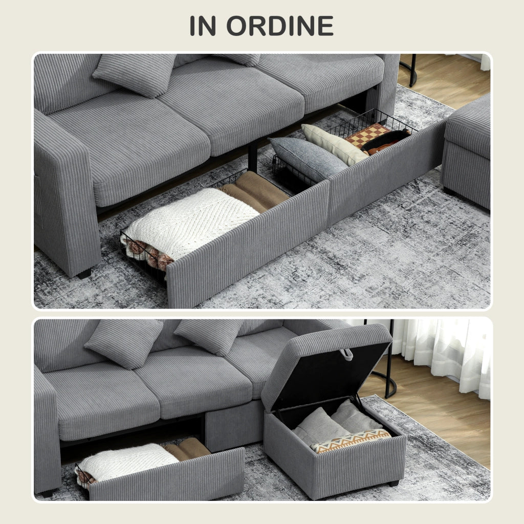 Divano 3 Posti Modulare con Pouf Contenitore 196x139x85 cm in Velluto a Coste Grigio Chiaro