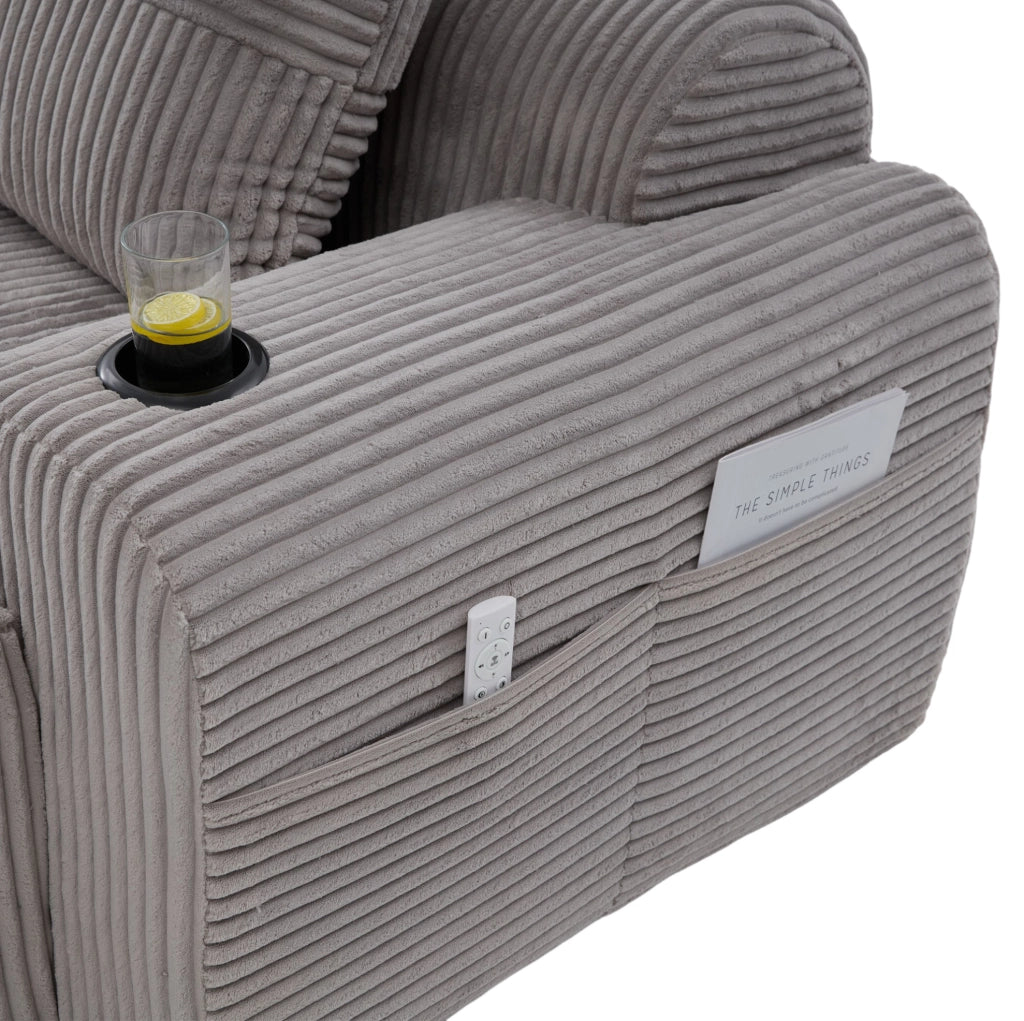 Divano 2 posti modulare in corduroy grigio chiaro 200x99x80 cm con portabicchieri e tasca laterale