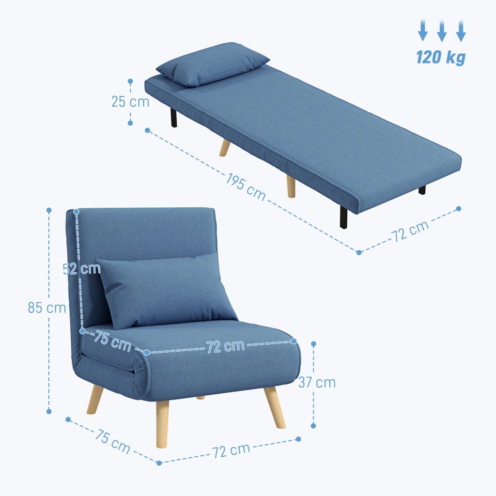 Poltrona letto convertibile 3 in 1 - Xylo - tessuto blu con cuscino, schienale 5 posizioni