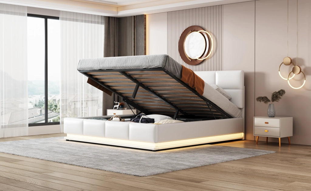 Letto contenitore matrimoniale 160 × 200 cm con LED et vano contenitore idraulico, senza materasso, in ecopelle, bianco