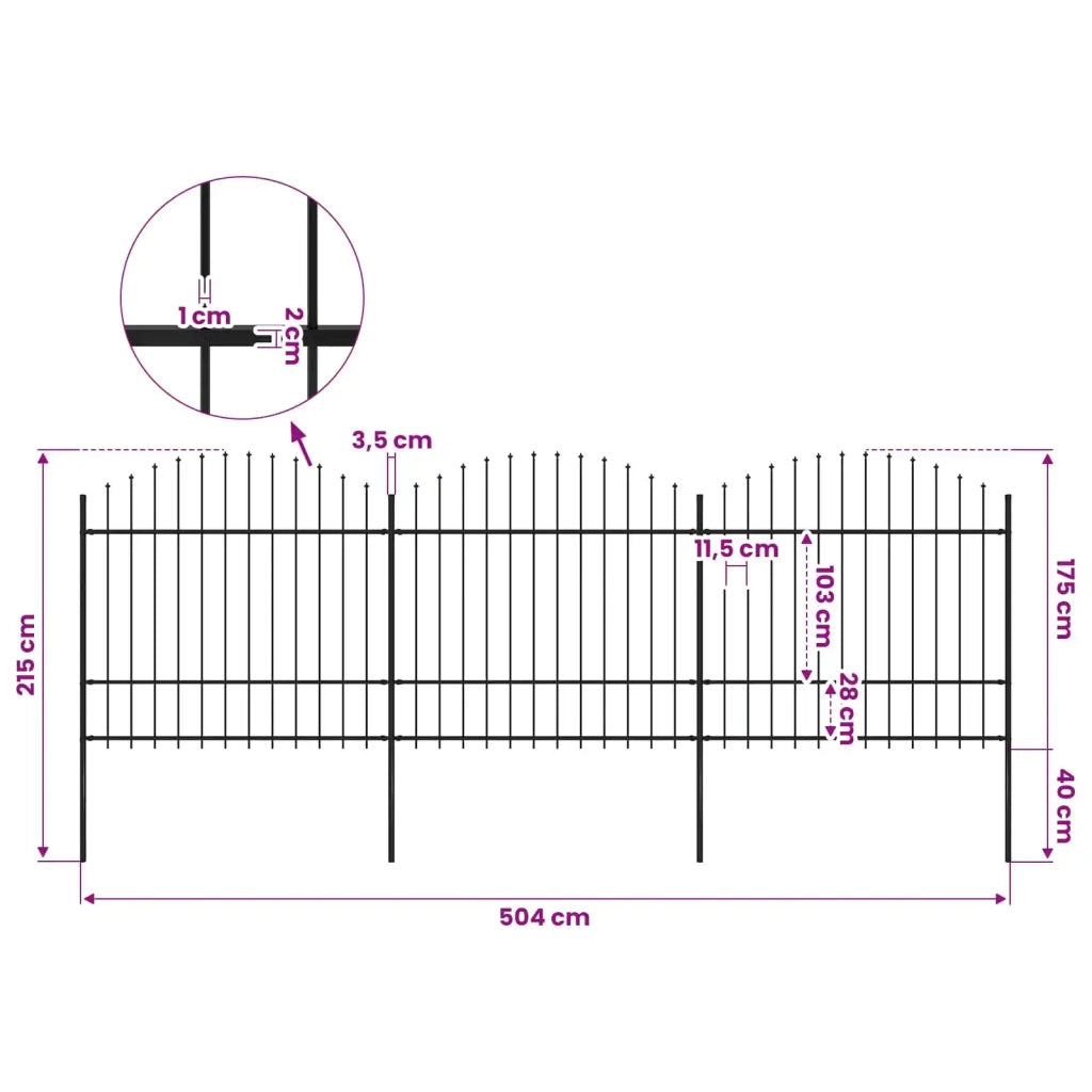 Recinzione da Giardino con Punta a Lancia in Acciaio 504x175 cm Nero 277741