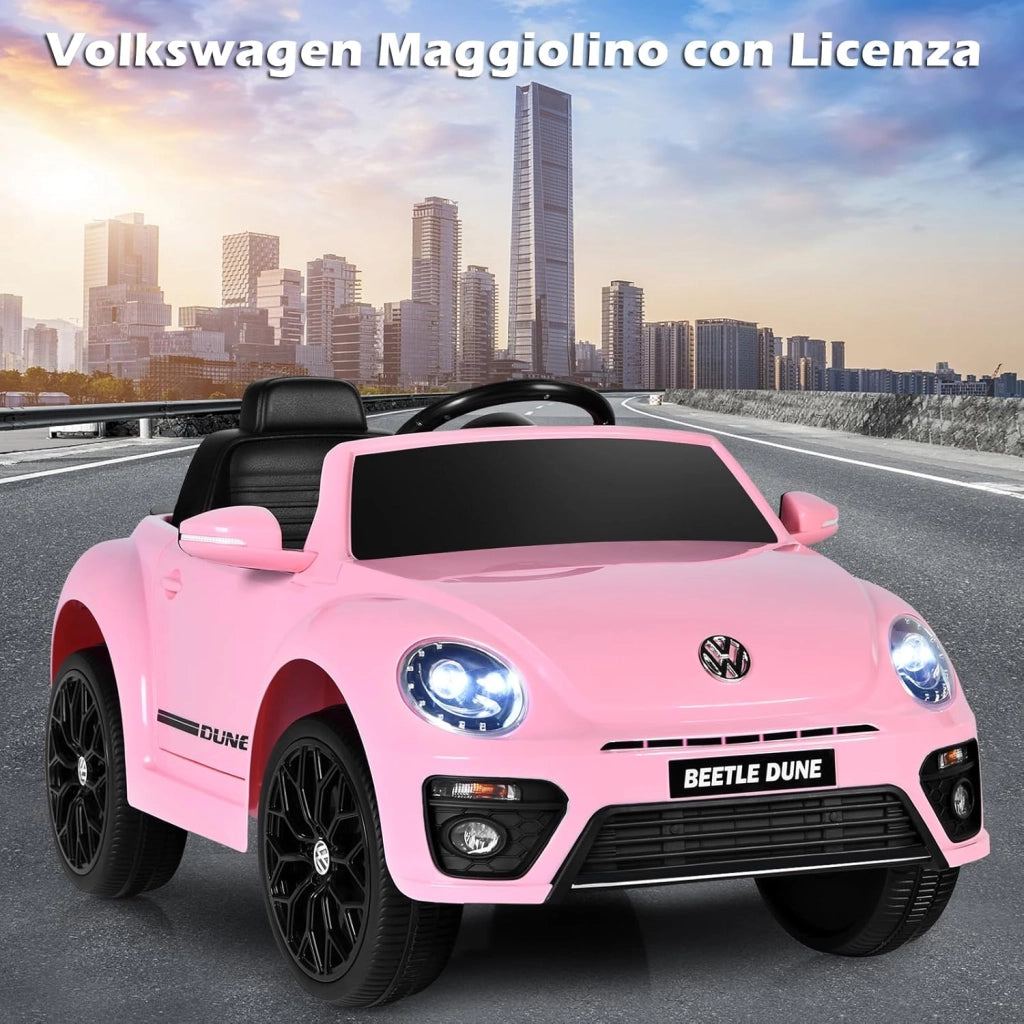 12V Volkswagen Macchina Elettrica per Bambini, Auto Elettrica con Telecomando Luci Musica Doppia Porta, 5km/h Carico 30kg, per Bambini 3-8 Anni (Rosa)