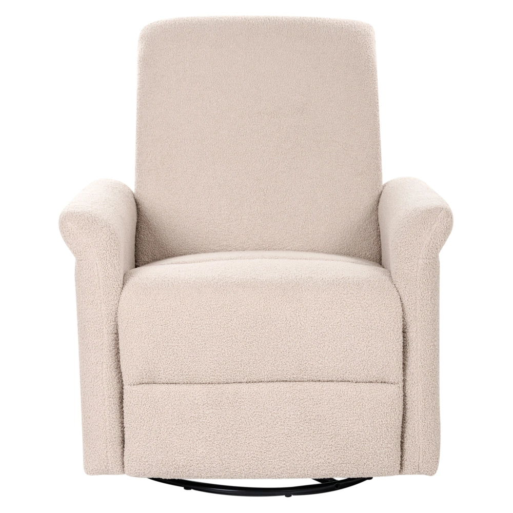 Poltrona reclinabile beige chiaro con meccanismo manuale rivestita in bouclé con schienale regolabile e poggiapiedi estraibile