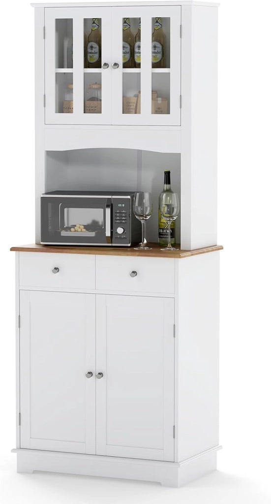 Mobile Dispensa da Cucina, Armadio di Stoccaggio Autonomo con Credenza e 2 Cassetti, Ripiani Regolabili, Ampio Spazio per Forno a Microonde, 2 Colori, 68,5 cm x 40,5 cm x 170 cm (Bianco)