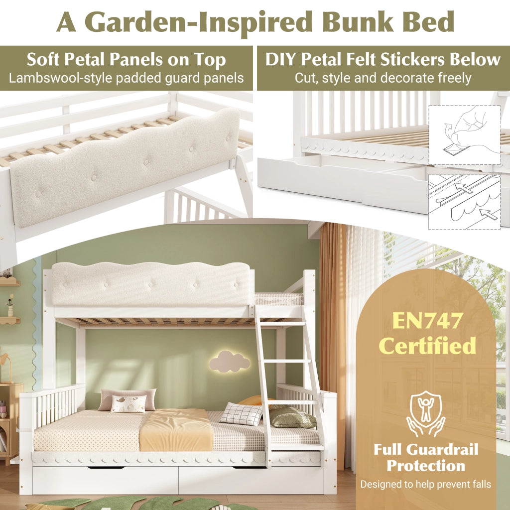 DESMIU Letto a castello 90 × 200 e 140 × 200 cm 2 posti con 2 cassetti e portariviste, senza materasso, bianco
