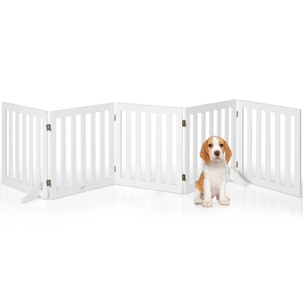 Cancello di legno pieghevole alto 60cm con 5 pannelli, Barriera per animali con cuscinetti antiscivolo Bianco-Cancelli