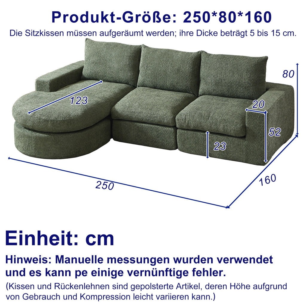 Divano angolare modulare in ciniglia con chaise longue reversibile, cuscini per il collo e verde 251 × 160 × 81 cm