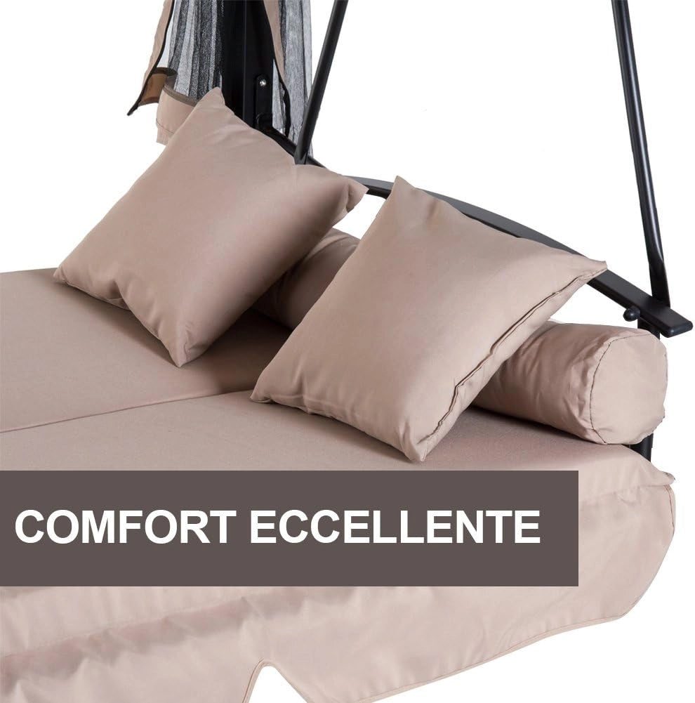 Gazebo Parasole da Giardino con Dondolo Letto e Zanzariere 3 posti, Modello Extra-Lusso Cleopatra, Amaca Altalena Trasformabile in Letto Matrimoniale, Colore Beige
