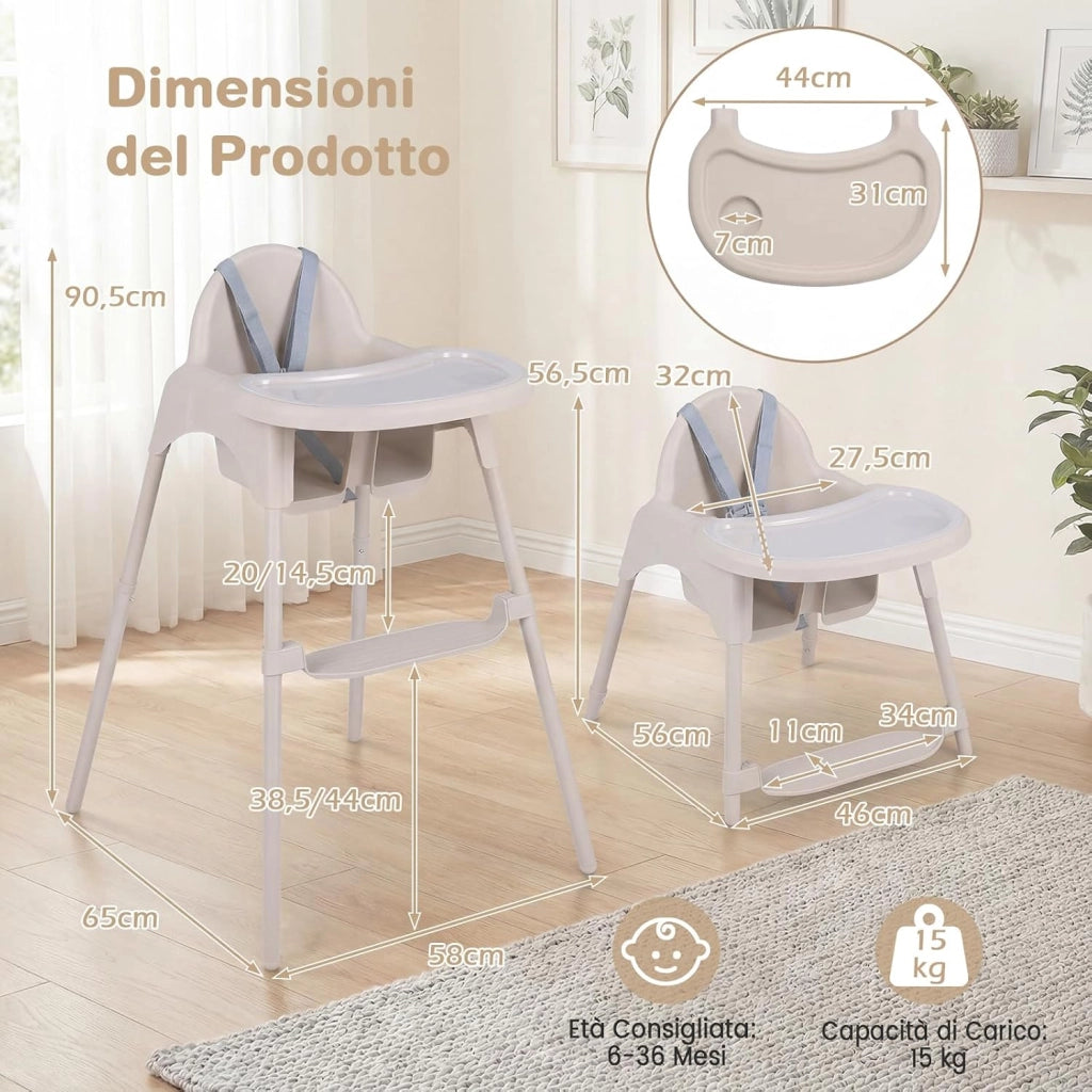 4 in 1 Seggiolone per Bambini, Vassoio Doppio Rimovibile | Cintura di Sicurezza a 5 Punti, Poggiapiedi Reversibile, per Bambini 6-36 Mesi