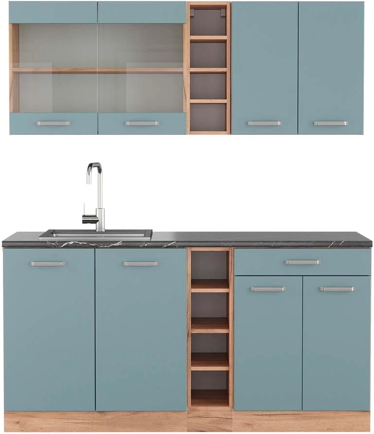 Cucina completa R-Line, Rovere blu-grigio/oro, 160 cm, PL Antracite, adatto per combinazioni ed espansioni personalizzate