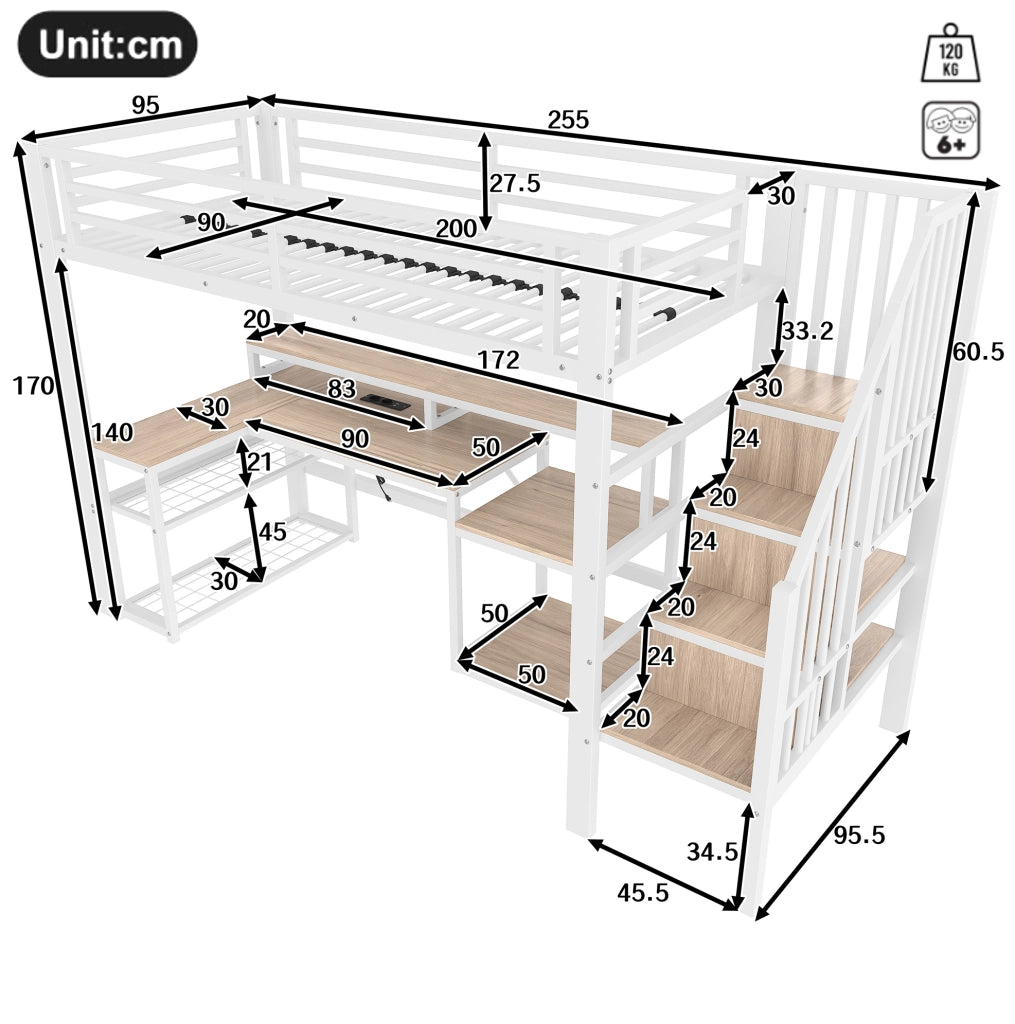 Letto a soppalco 90x200 cm in metallo e MDF; con scrivania; LED e USB; bianco