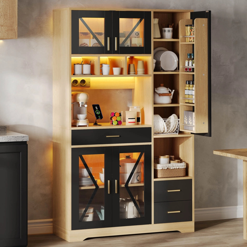 BUFFET Cucina 185x105x40 cm Nero/Naturale in MDF con LED APP e prese