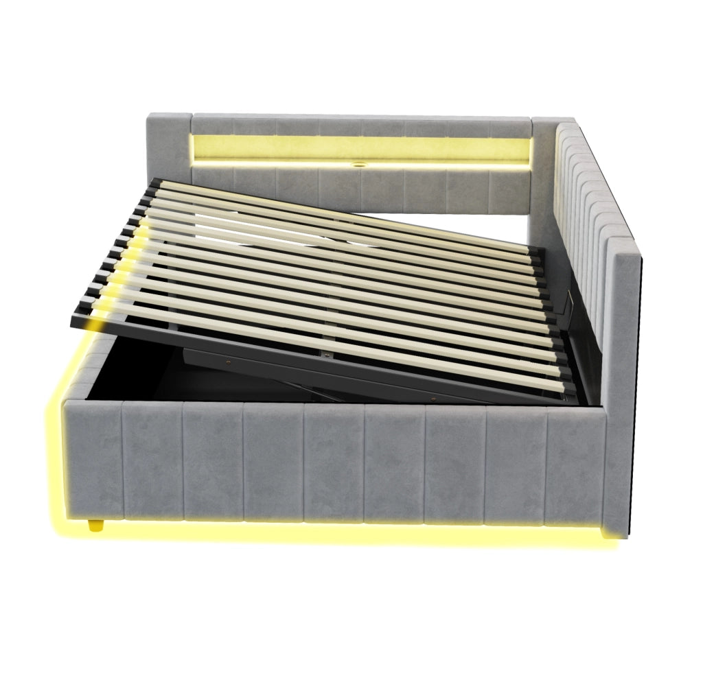 Letto imbottito 140x200 cm con vano, LED e USB grigio