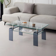 Tavolino basso in vetro temperato con 2 ripiani, gamba grigia, per soggiorno, trasparente, 100 × 55 × 45 cm