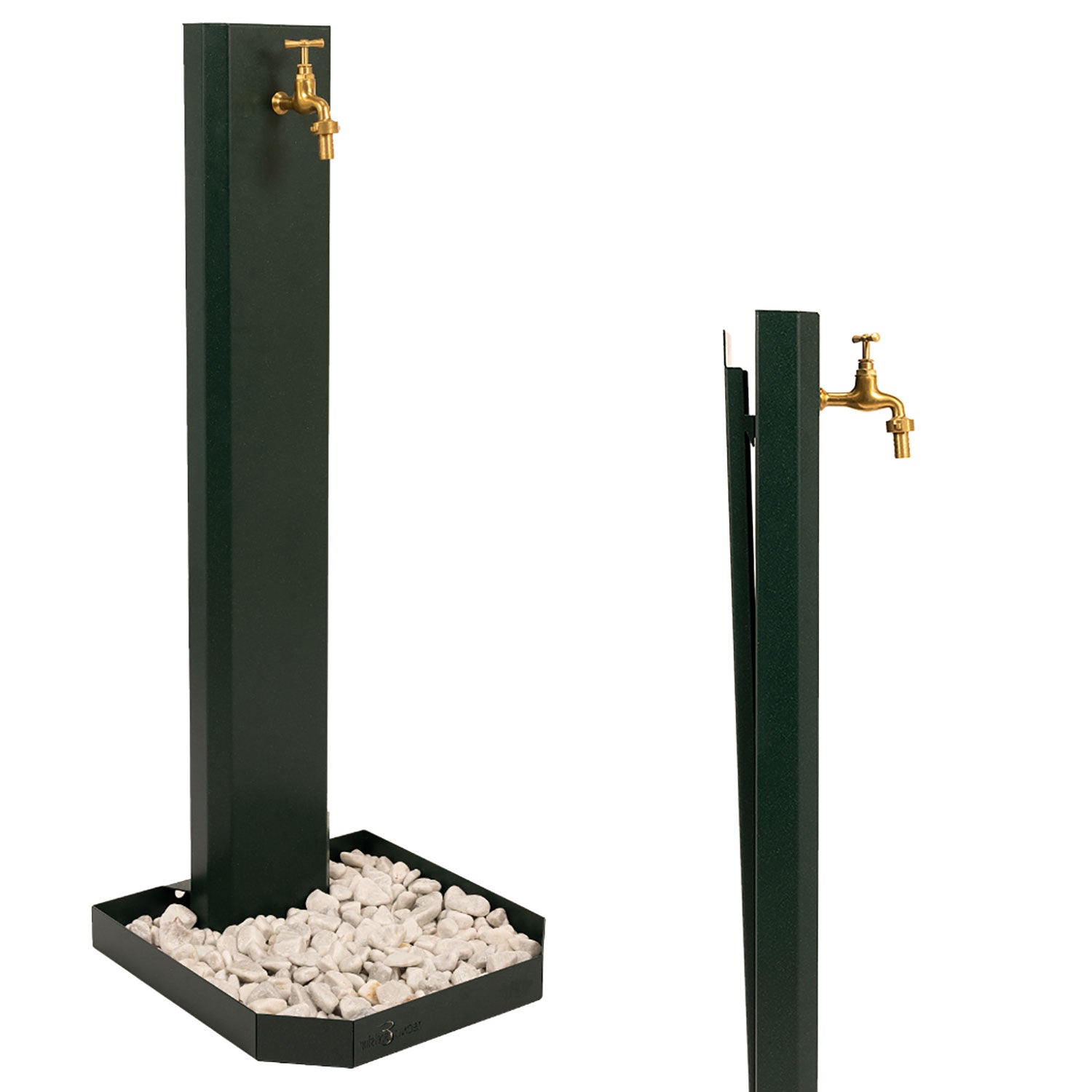 Fontana da Giardino Design a Colonna Ovale Rubinetto in Ottone e Base con Ciottoli Verde