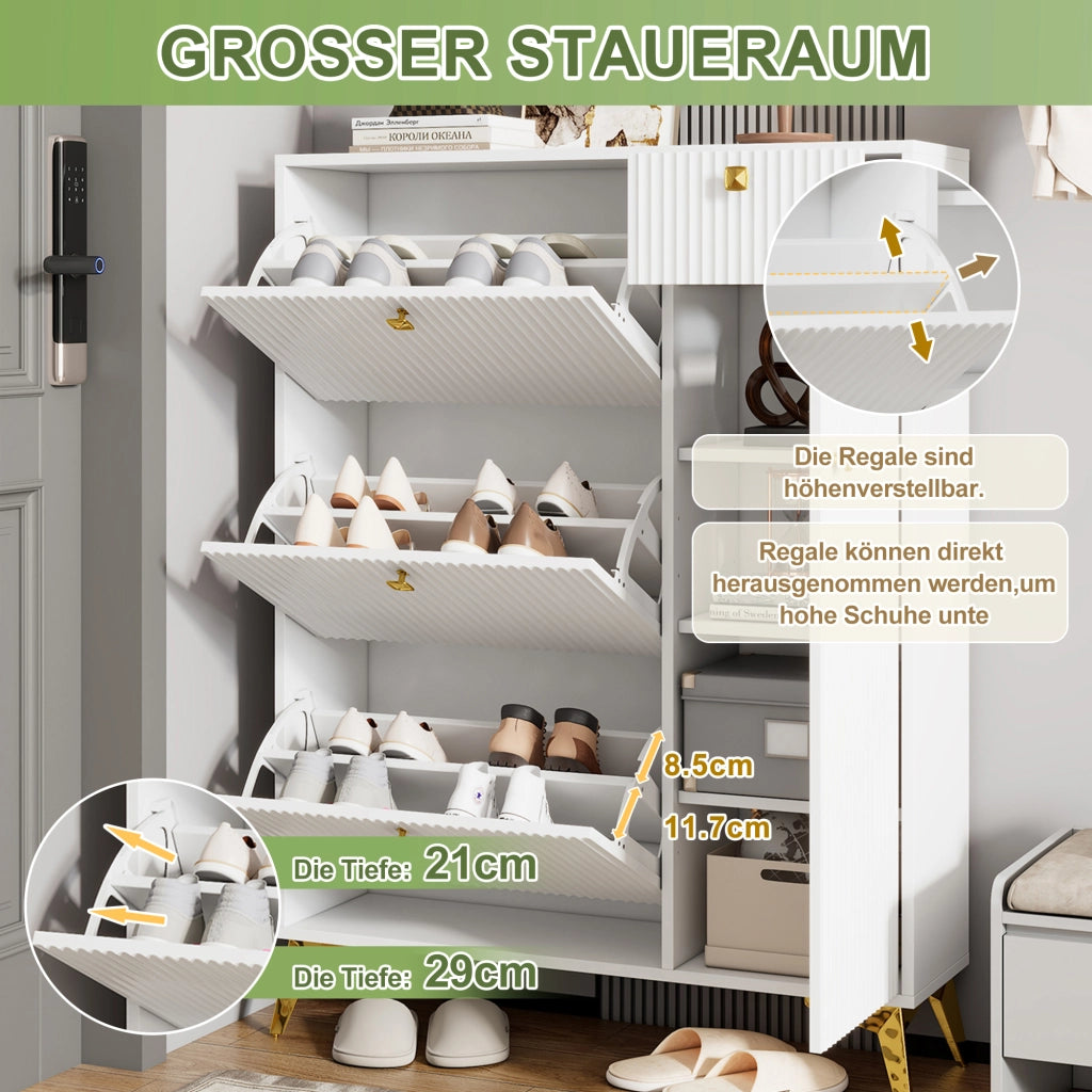 Scarpiera con 3 ribalte; 1 cassetto e 1 anta - per ingresso - 121×90×25 cm - bianco