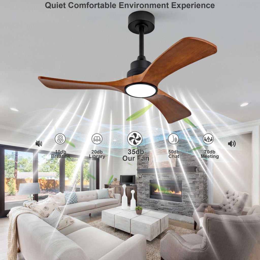 Ventilatore da soffitto 42 pollici con illuminazione, 3 pale legno massello, telecomando e wifi, motore DC silenzioso reversibile, moderno