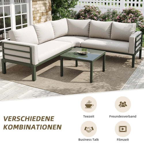 Set Mobili da Giardino con Cuscini Beige ¨C MINIMAL ¨C Poltrona, Divano, Tavolino in Vetro, 4-5 Posti