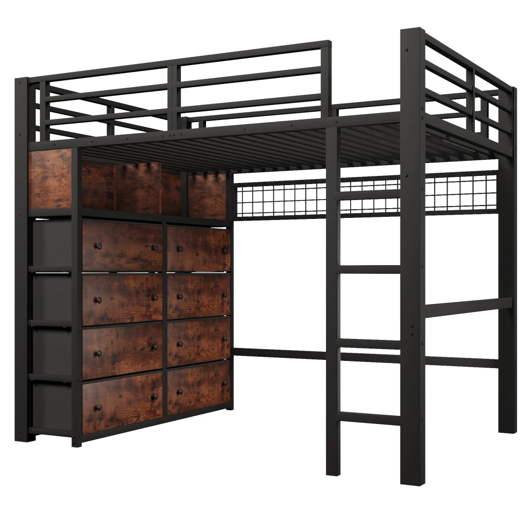 Letto alto 140x200 cm in metallo e MDF nero con 8 cassetti; LED e scala integrata