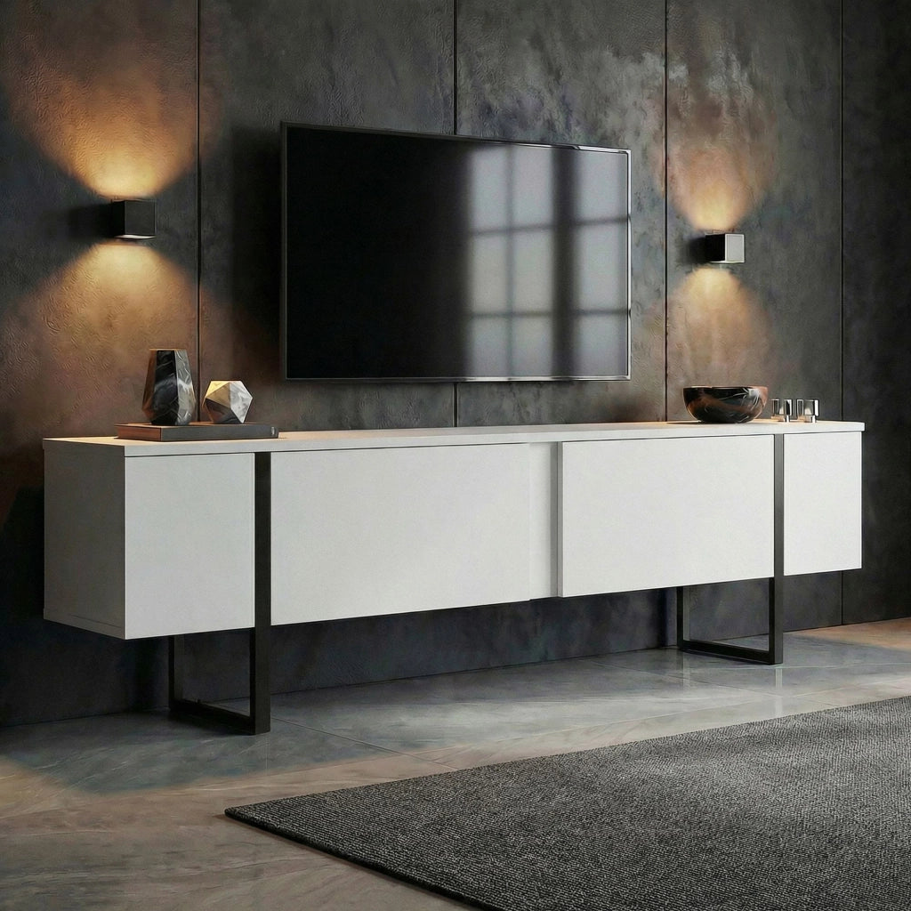 Porta TV in legno "Onera" - 180 x 30 x 45 cm - Bianco-Nero