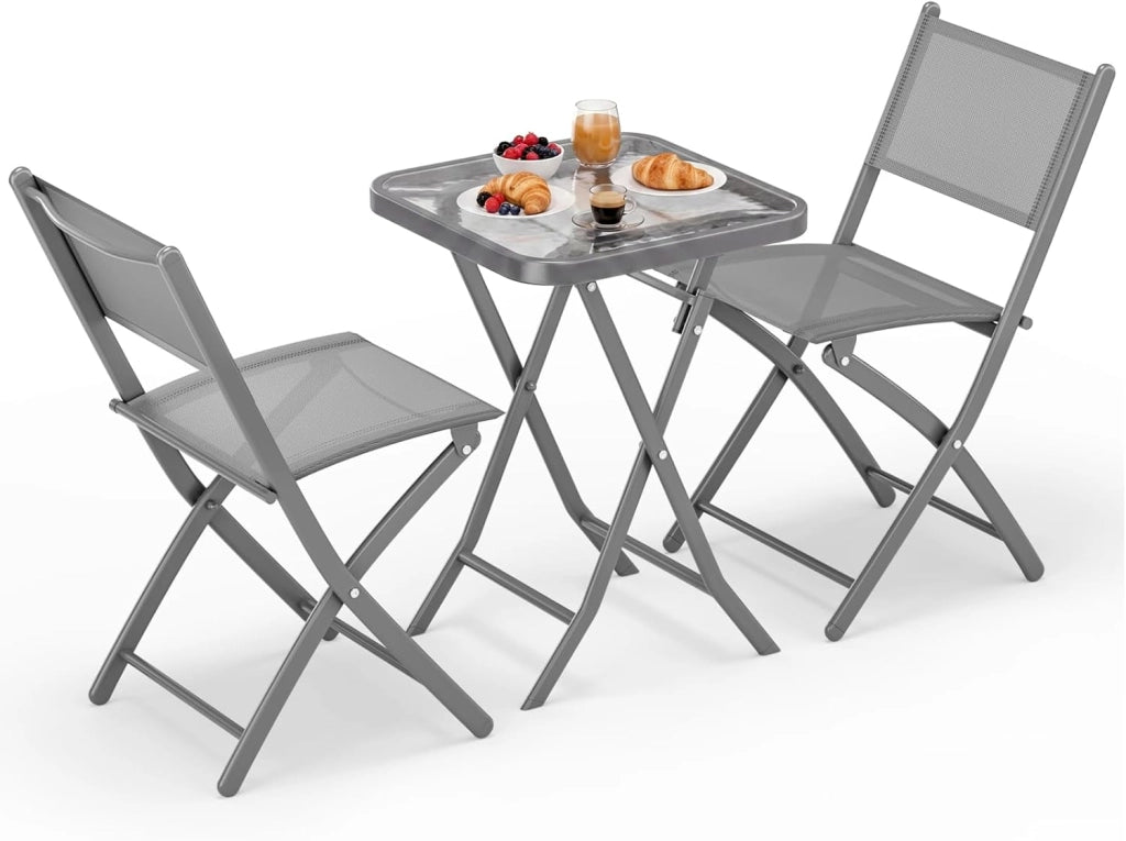 Set da Bistrot 3 Pezzi, Set Mobili Pieghevoli Include 1 Tavolo e 2 Sedie, Resistente alle Intemperie e Traspirante, per Piccoli Balconi e Giardini, Grigio