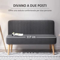 Divano 2 Posti Moderno in Tessuto Senza Braccioli, Divanetto da Salotto con Gambe in Legno, 117x56.5x77 cm, Grigio Scuro