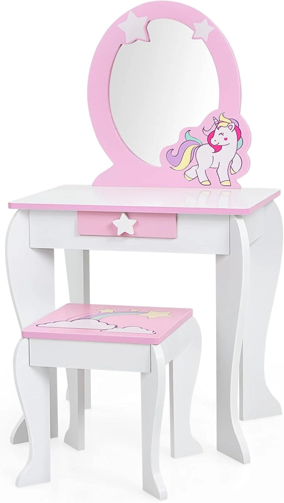 Set di Specchiera e Sgabello per Bambini, Tavolo da Trucco Giocattolo in Legno con Cassetto, Ideale Regalo per Ragazze di 3-7 Anni, con Portata di 15kg, 49x35,5x89cm (Bianco)