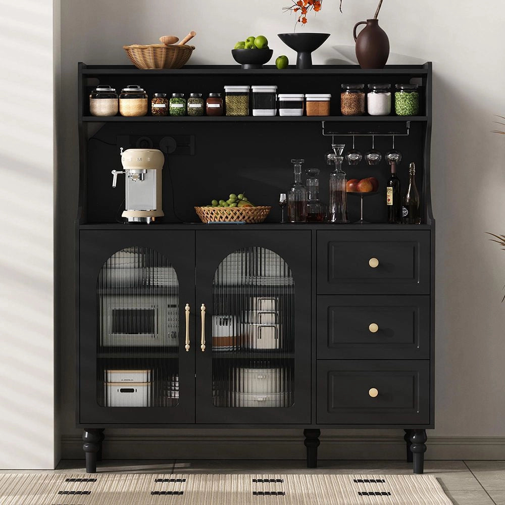 Armadio alto per cucina e soggiorno - Xylo - Nero - Prese elettriche, tiroir, porta-bicchieri