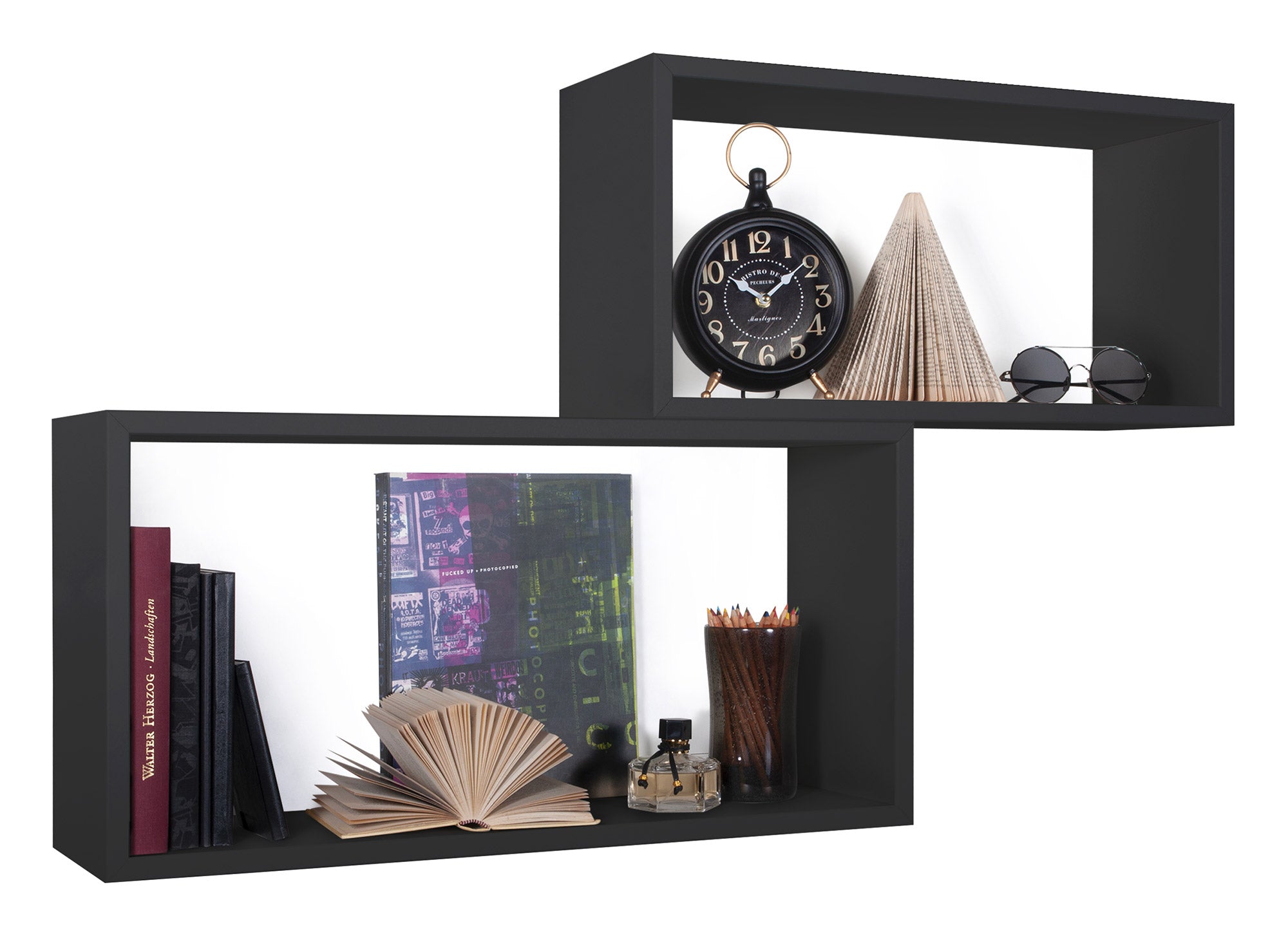 Set 2 Mensole Cubo da Parete Rettangolare in Fibra di Legno Bislungo Nero