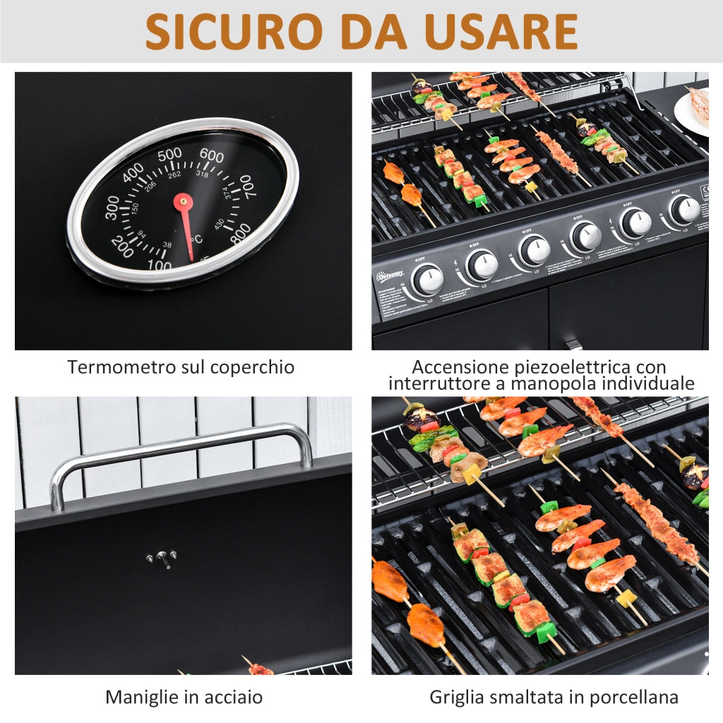 Easycomfort Barbecue a Gas con Coperchio, 7 Bruciatori da 20kW, Fornello Laterale e 2 Ruote, 135x50x100cm Nero