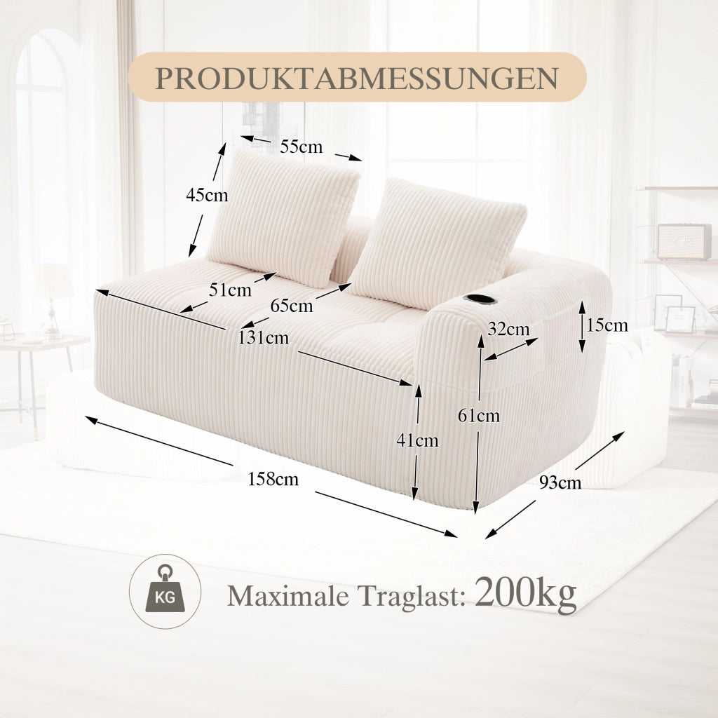 Divano diritto in corduroy con tasche laterali e portabicchieri, seduta compatta e stabile beige 158 × 93 × 61 cm