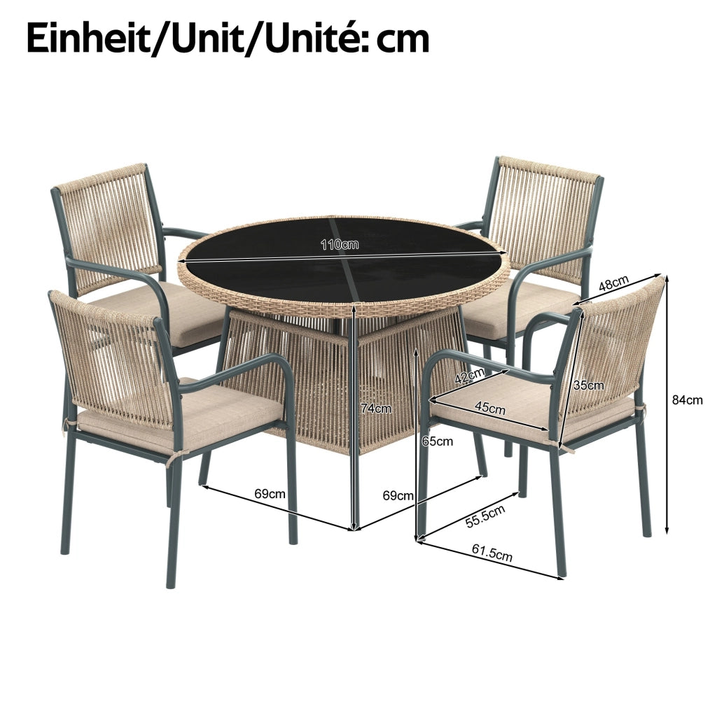 Set da giardino 5 pezzi con tavolo rotondo in vetro temperato; sedie con braccioli; grigio
