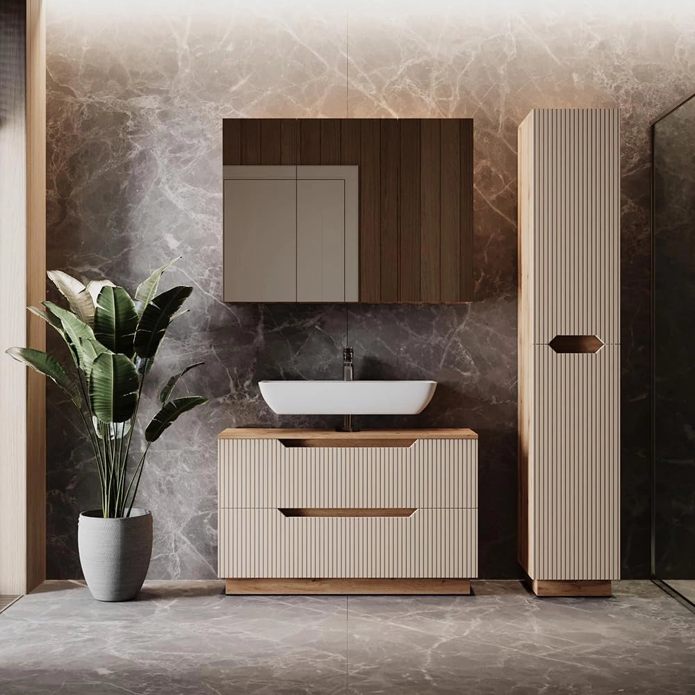 Set di mobili da bagno Lotta, Rovere/cashmere a righe, 3 parti