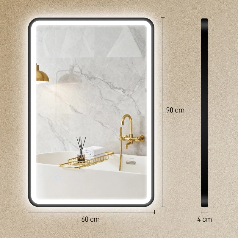 Specchio da bagno a LED 90 x 60 cm, luci, 3 colori, dimmerabile, funzione memoria, orientamento orizzontale e verticale, nero