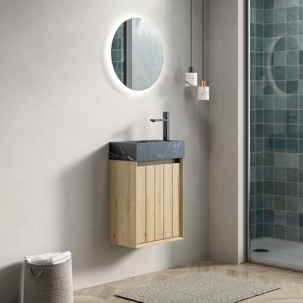 LAVABO bagno integrato in marmo nero e rovere bianco, compatto