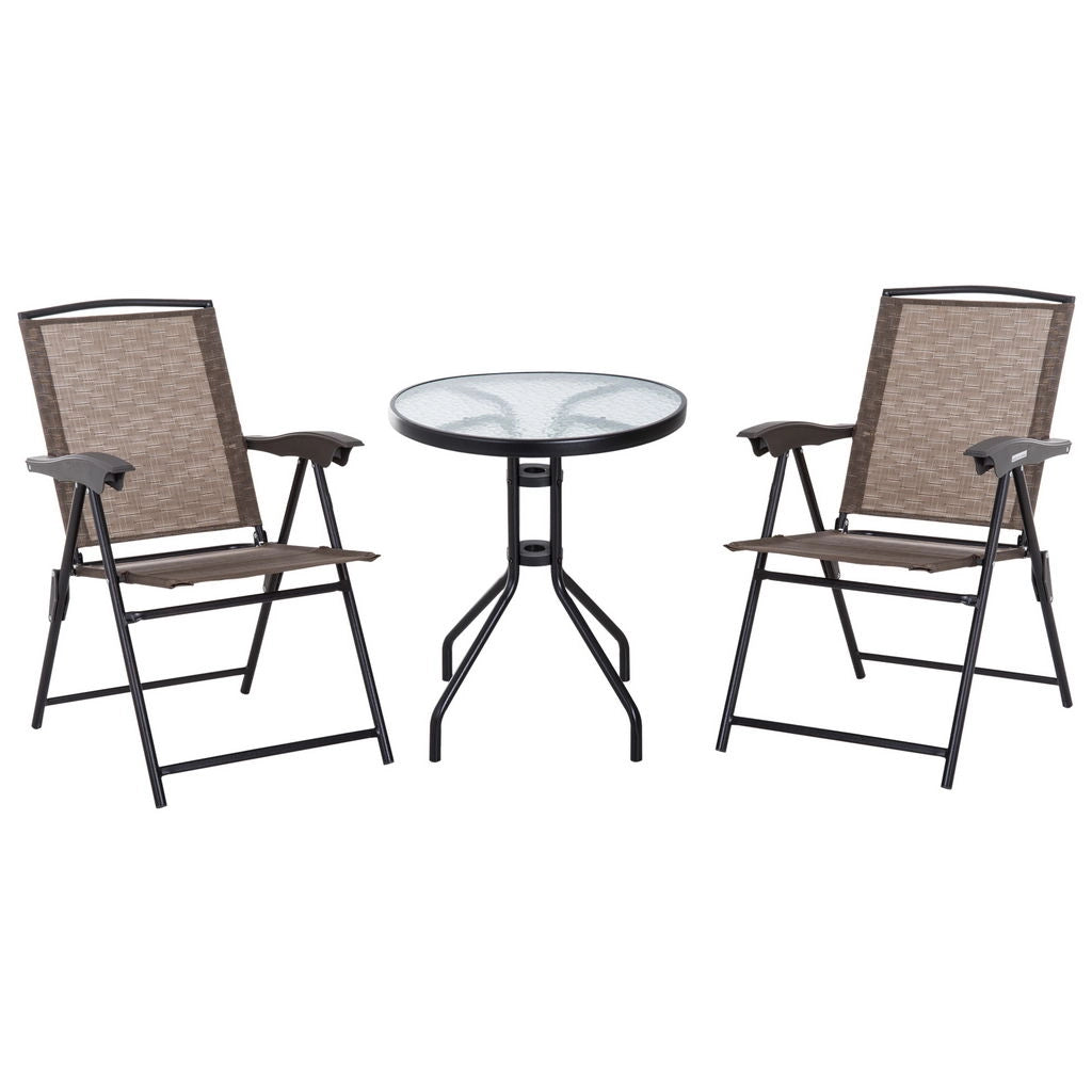 SET ARREDO PER ESTERNI CON TAVOLINO IN VETRO E SEDIE, MARRONE