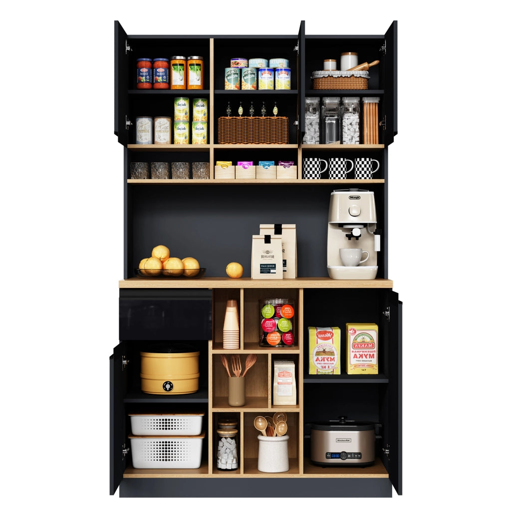 Armadio cucina moderno - Zephmum- 105¡Á45¡Á185cm- Grigio e Nero- Maniglie metalliche, ripiani regolabili