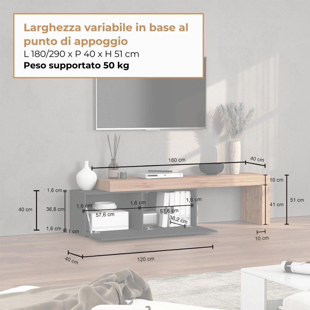 WHOUS Mobile porta tv Chronos estensibile con 1 anta a ribalta antracite/rovere 180/290x40x51 cm