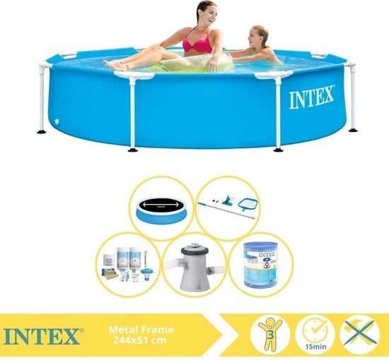 Piscina a Struttura Metallica - Piscina da Montaggio - 244x51 cm - Incluso Ombrello Solare Pro, Kit di Manutenzione, Pompa di Piscina, Filtro e Kit di Manutenzione