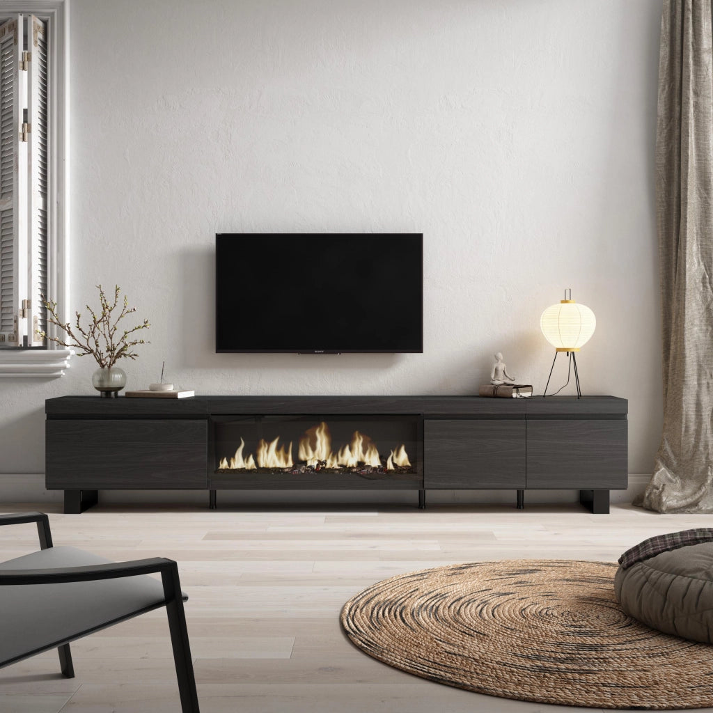 Mobile TV Soggiorno, 288x35x57cm, TV di grande formato, Camino elettrico XXL, Design industriale, Nero RF3610