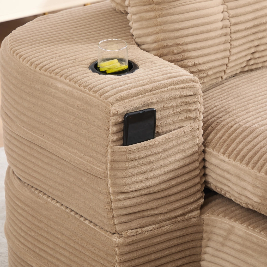 Sedia relax 2 in 1 in corduroy khaki con funzione letto, schienale alto, seduta extra profonda e portabicchieri doppi