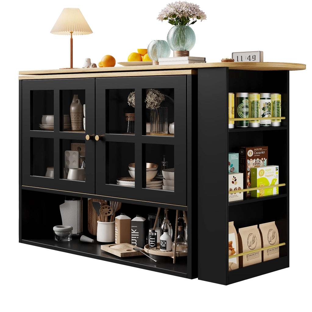 Mobile Bar con 2 Ante in Vetro e 5 Ripiani; Girevole ed Estensibile; in MDF; Nero; 138-204 x 39 x 102.5 cm