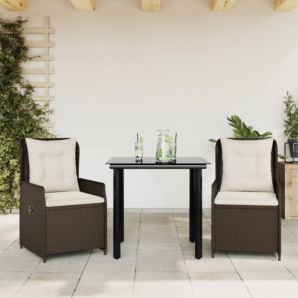 Set da Pranzo da Giardino 3pz | Set Salotto da Giardino con Cuscini in Polyrattan Marrone