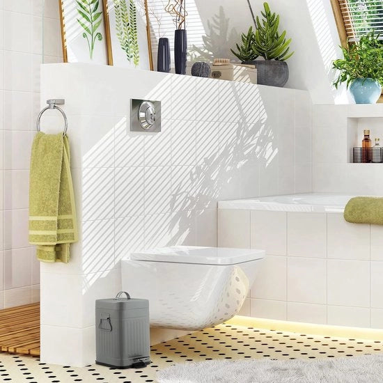 Emme, 5 litri, emme pedale con meccanismo softclose, contenitore rimovibile, cestino della spazzatura per bagno rettangolare, colore chiaro grigio, 32 x 19,5 x 26,5 cm