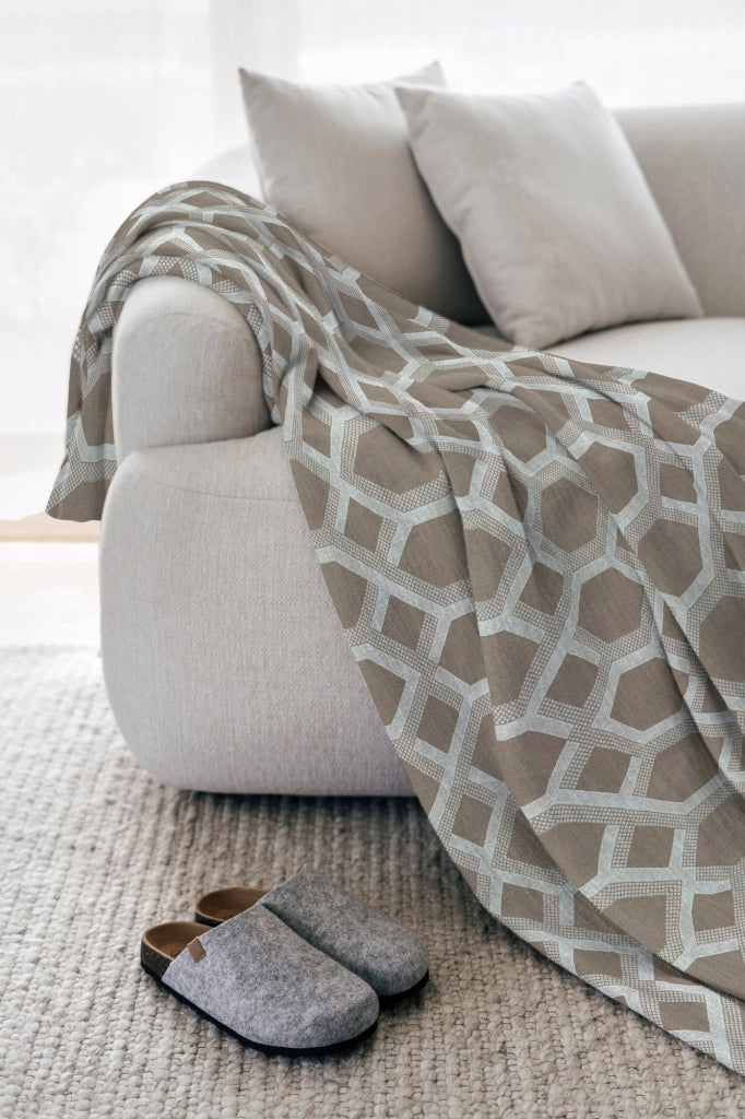 Telo Arredo In Cotone Panama Stampato Varie Fantasie GrandFoulard Copridivano Copriletto Sofà Prodotto Italiano Singolo e Matrimoniale  - Esagono beige - 1 Posto